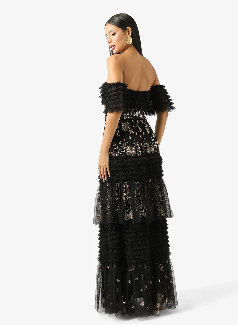 Maya Embellished Ruffle Strappy Maxi Dress