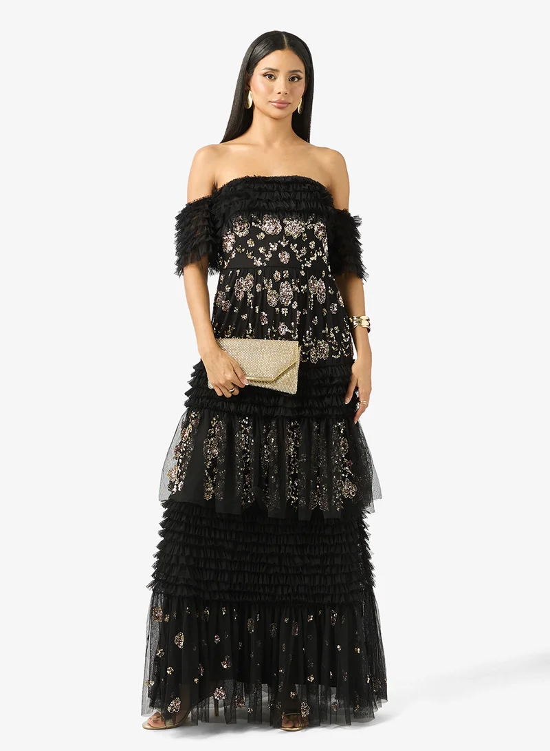 Embellished Ruffle Strappy Maxi Dress