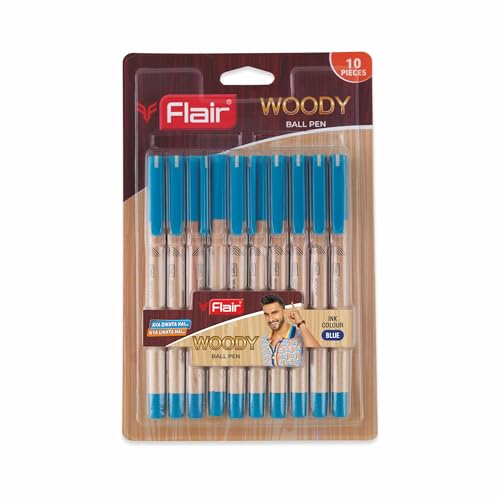 FLAIR Woody 0.7mm Ball Pen Blister Pack | Attractive Woody Design | Smooth Ink Flow System With Low-Viscosity Ink | Smudge Free Writing | Blue Ink, Pack of 10 Pens - Image 1