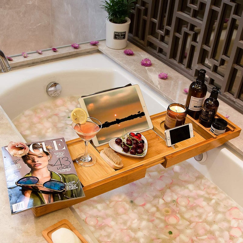 Bamfan Bath Caddy Tray for Bathtub - Bamboo Adjustable Organizer Tray for Bathroom with Free Soap Dish Suitable for Luxury Spa or Reading - Image 2