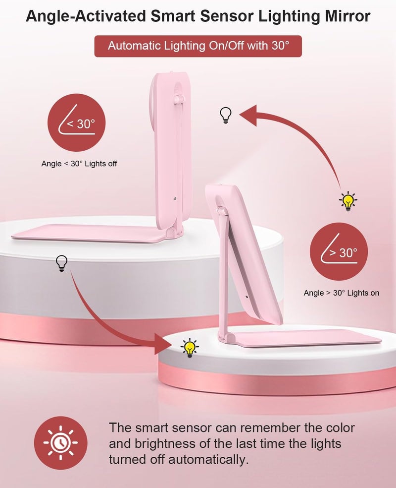 Gospire Rechargeable Travel Makeup Mirror with Lights and Magnification 10X, Foldable Stand & Angle Sensor Light, 3 Light Colors & Stepless Dimming, Lighted Mirror LED Vanity Mirror - Pink - Image 3