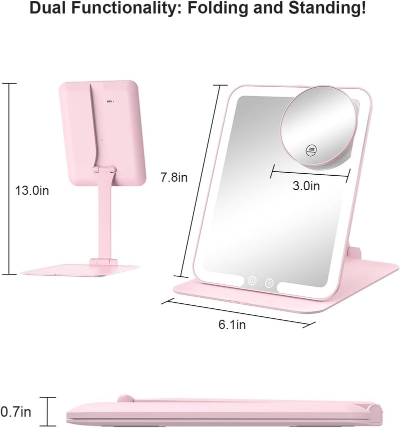 Gospire Rechargeable Travel Makeup Mirror with Lights and Magnification 10X, Foldable Stand & Angle Sensor Light, 3 Light Colors & Stepless Dimming, Lighted Mirror LED Vanity Mirror - Pink - Image 2