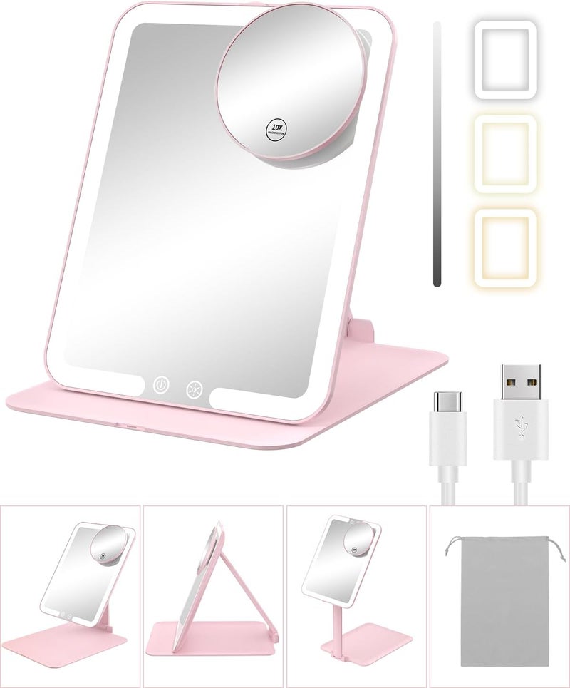Gospire Rechargeable Travel Makeup Mirror with Lights and Magnification 10X, Foldable Stand & Angle Sensor Light, 3 Light Colors & Stepless Dimming, Lighted Mirror LED Vanity Mirror - Pink - Image 1