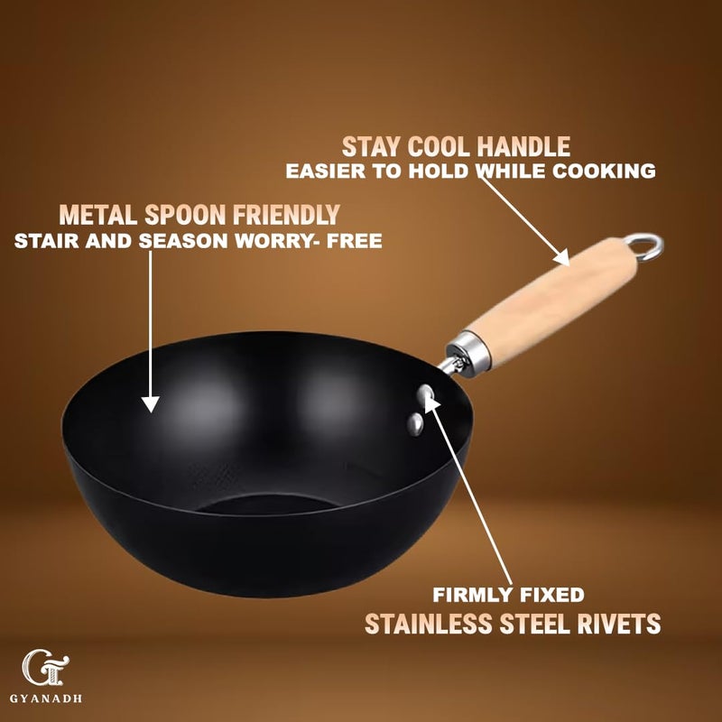 Gyanadh NonStick Fry Pan 37 CM Traditional Carbon with Wooden Handle HeatResistant Mini Padella StirFry Pan for Gas Electric Ceramic Stoves Perfect for Cooking Steaming Roasting - Image 3