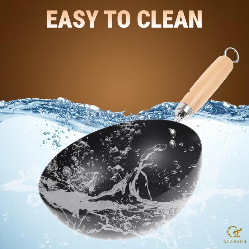 Gyanadh NonStick Fry Pan 37 CM Traditional Carbon with Wooden Handle HeatResistant Mini Padella StirFry Pan for Gas Electric Ceramic Stoves Perfect for Cooking Steaming Roasting - Image 5