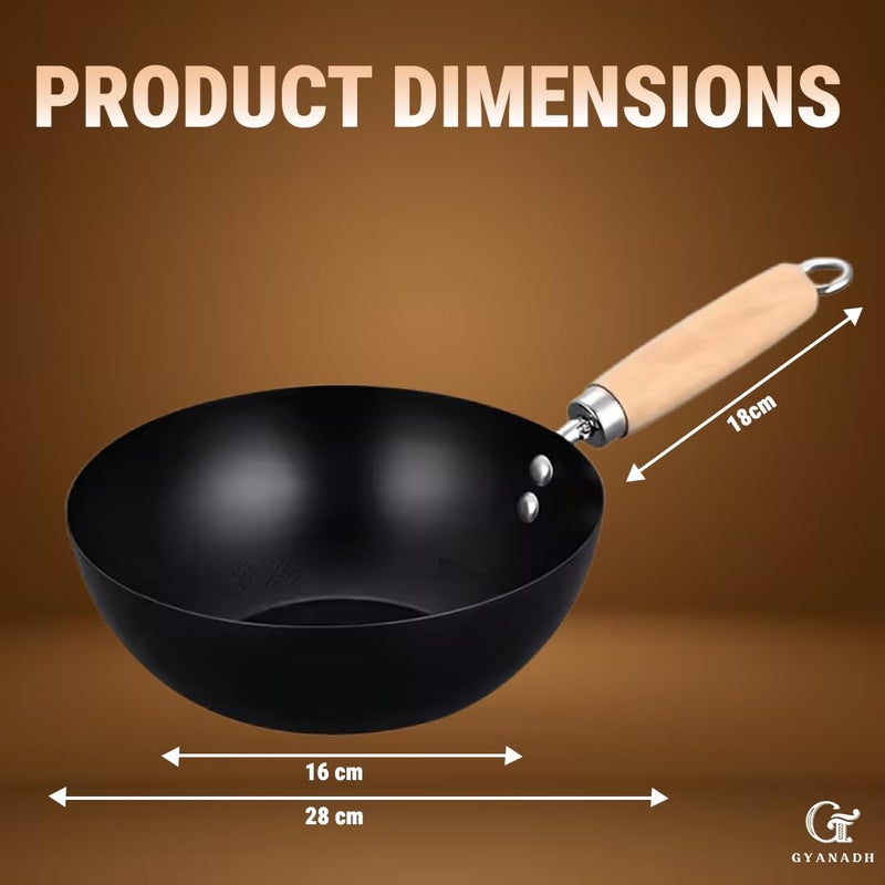 Gyanadh NonStick Fry Pan 37 CM Traditional Carbon with Wooden Handle HeatResistant Mini Padella StirFry Pan for Gas Electric Ceramic Stoves Perfect for Cooking Steaming Roasting - Image 2