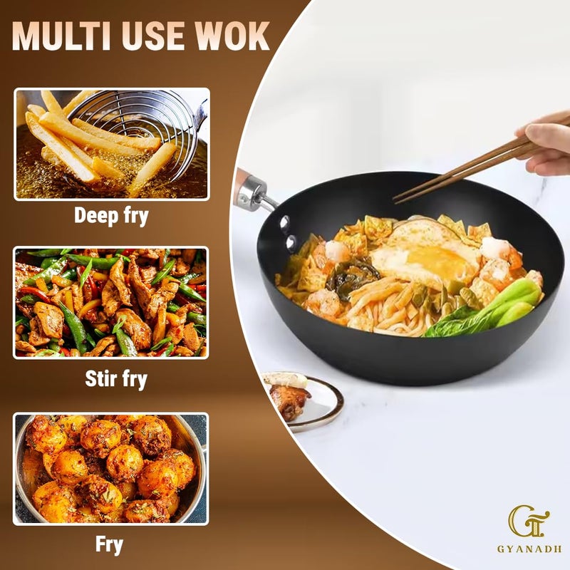 Gyanadh NonStick Fry Pan 37 CM Traditional Carbon with Wooden Handle HeatResistant Mini Padella StirFry Pan for Gas Electric Ceramic Stoves Perfect for Cooking Steaming Roasting - Image 4