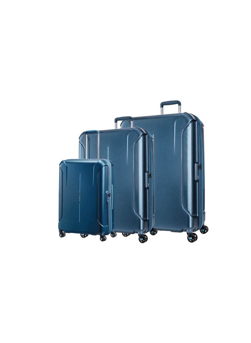 American Tourister Technum Suitcase Set of 3, Cabin, Medium & Large (55 + 68 + 77 cm), 4 Spinner Wheels, Hard Top, Polycarbonate, Metallic Blue|DuoSaf™ Security Zipper|Dual Tube Pull Handle|Expandable - 3 Years Global Warranty