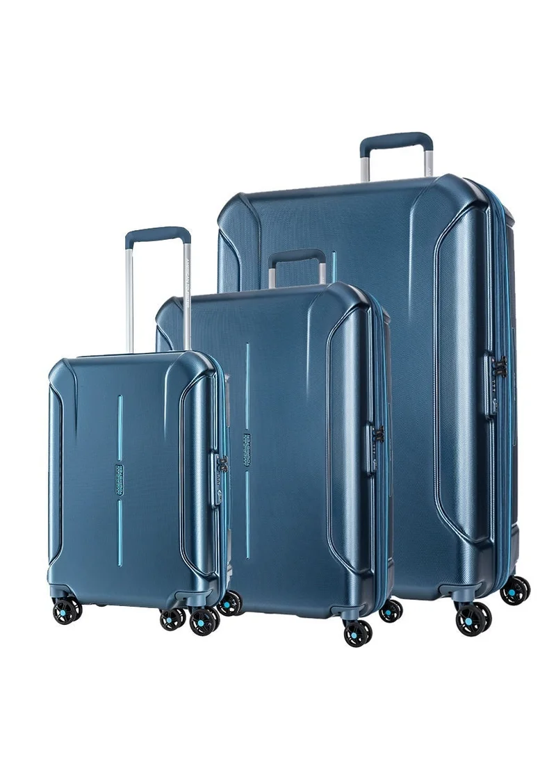 American Tourister Technum Suitcase Set of 3, Cabin, Medium & Large (55 + 68 + 77 cm), 4 Spinner Wheels, Hard Top, Polycarbonate, Metallic Blue|DuoSaf™ Security Zipper|Dual Tube Pull Handle|Expandable - 3 Years Global Warranty