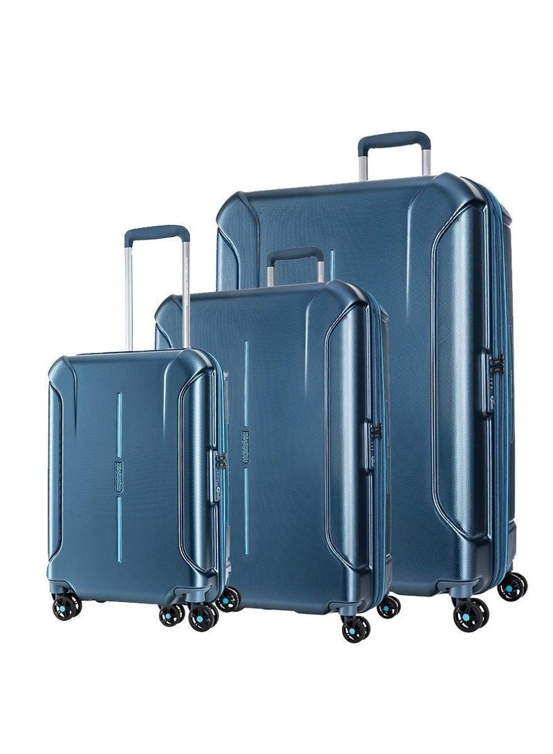 american tourister technum suitcase set of 3, cabin, medium & large (55 + 68 + 77 cm), 4 spinner wheels, hard top, polycarbonate, metallic blue|duosaf™ security zipper|dual tube pull handle|expandable - 3 years global warranty - Image 1