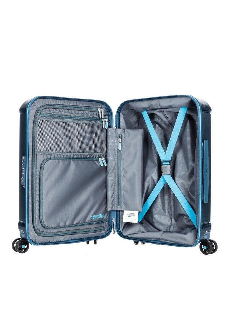 american tourister technum suitcase set of 3, cabin, medium & large (55 + 68 + 77 cm), 4 spinner wheels, hard top, polycarbonate, metallic blue|duosaf™ security zipper|dual tube pull handle|expandable - 3 years global warranty - Image 4
