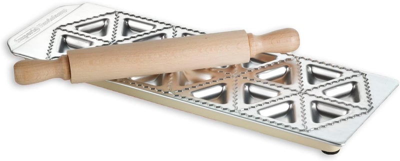 imperia CucinaPro GSD Tortelli Mould with Wooden Rolling Pin - Makes 18 Triangular Ravioli, Silver/Brown - Image 1