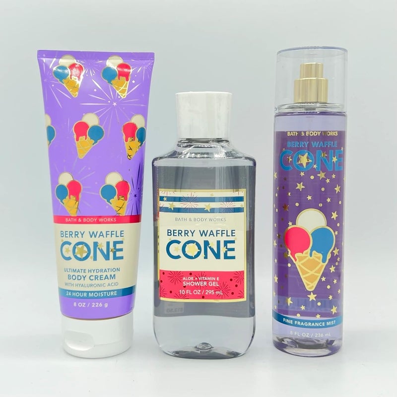 Berry Waffle Cone 8oz Body Cream 10oz Shower Gel and 8oz Fine Fragrance Mist 3Piece Bath and Body Bundle - Image 1