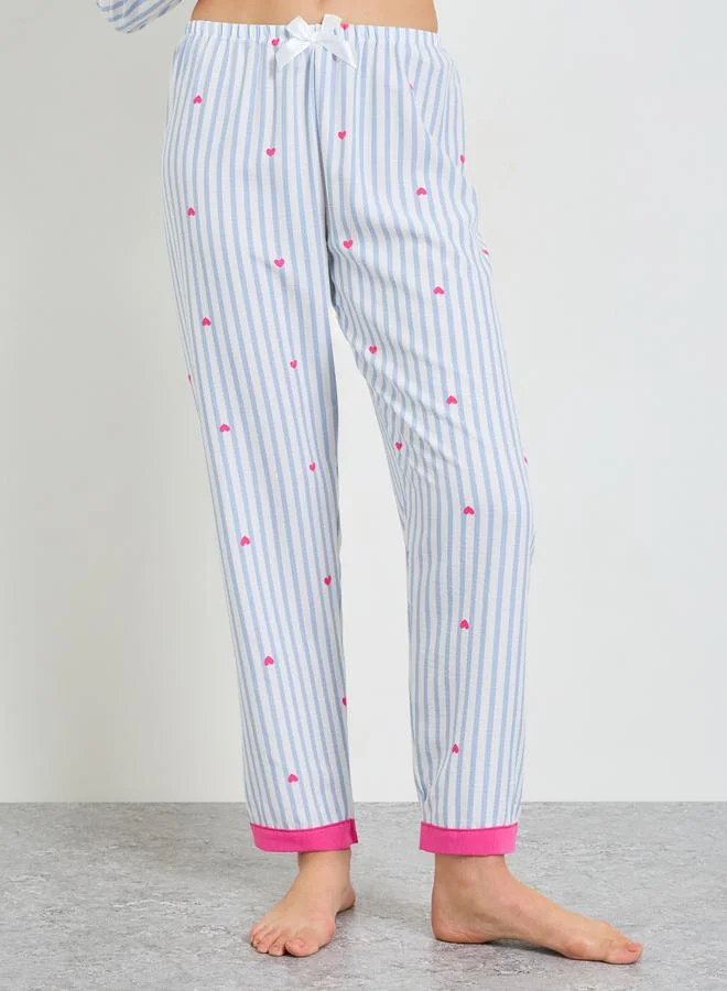 Take Two  Striped and Heart Print Collared Pajama Set for Women | Best Price UAE