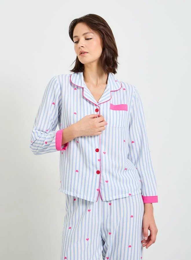 Take Two  Striped and Heart Print Collared Pajama Set for Women | Best Price UAE
