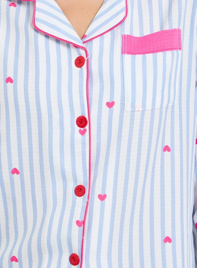 Take Two  Striped and Heart Print Collared Pajama Set for Women | Best Price UAE