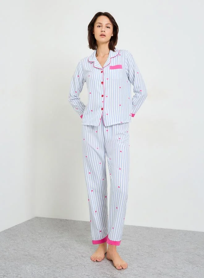 Striped and Heart Print Collared Pajama Set