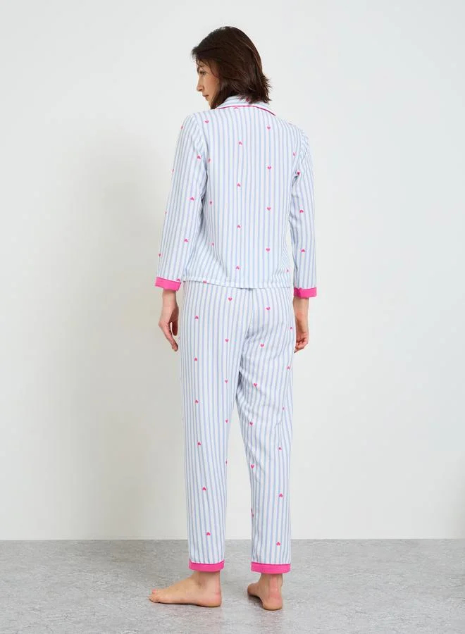 Take Two  Striped and Heart Print Collared Pajama Set for Women | Best Price UAE
