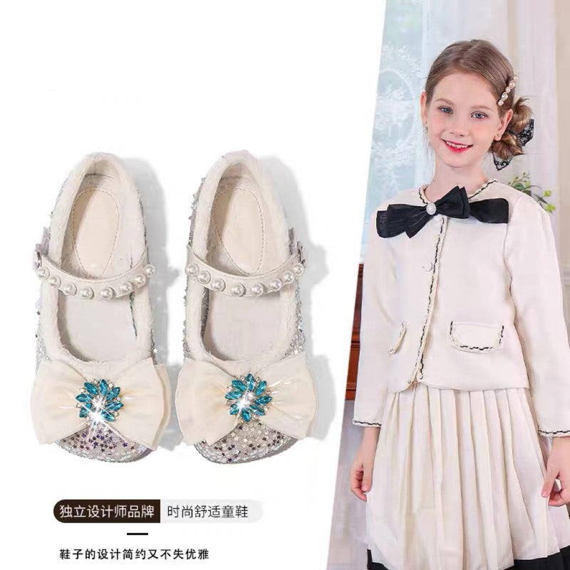 Canyze Girls Princess Shoes 2024 Winter New Rhinestone Pearl Bean Shoes Children Fleece-Lined Cotton Leather Shoes - Image 2