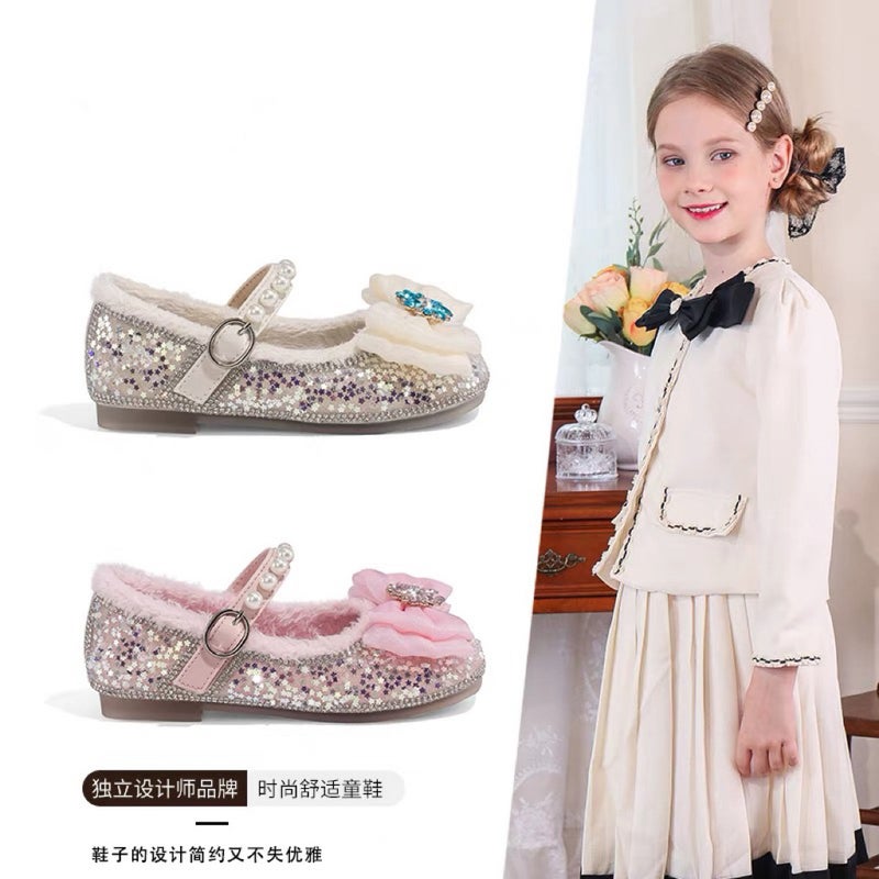 Canyze Girls Princess Shoes 2024 Winter New Rhinestone Pearl Bean Shoes Children Fleece-Lined Cotton Leather Shoes - Image 3