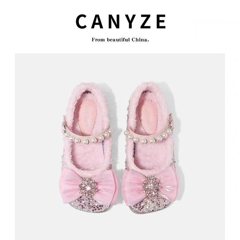 Canyze Girls Princess Shoes 2024 Winter New Rhinestone Pearl Bean Shoes Children Fleece-Lined Cotton Leather Shoes - Image 1
