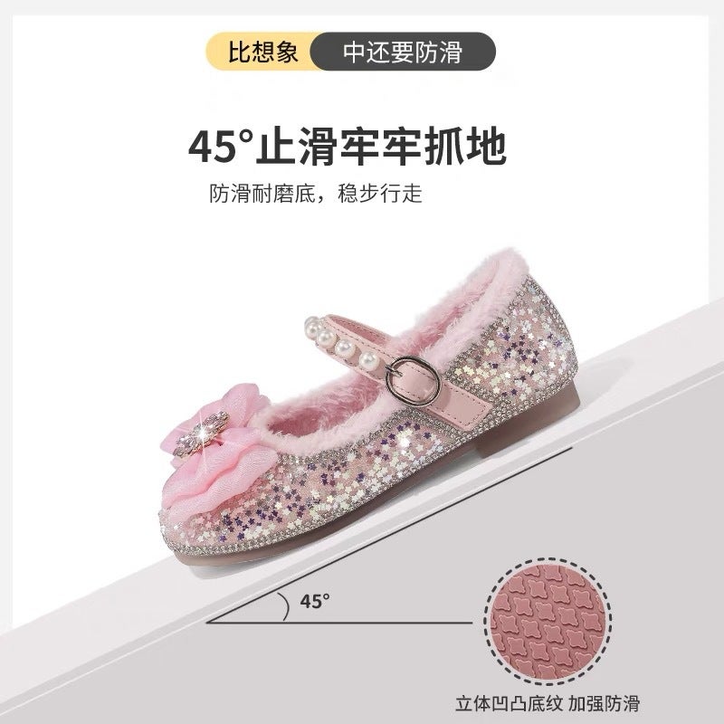 Canyze Girls Princess Shoes 2024 Winter New Rhinestone Pearl Bean Shoes Children Fleece-Lined Cotton Leather Shoes - Image 4