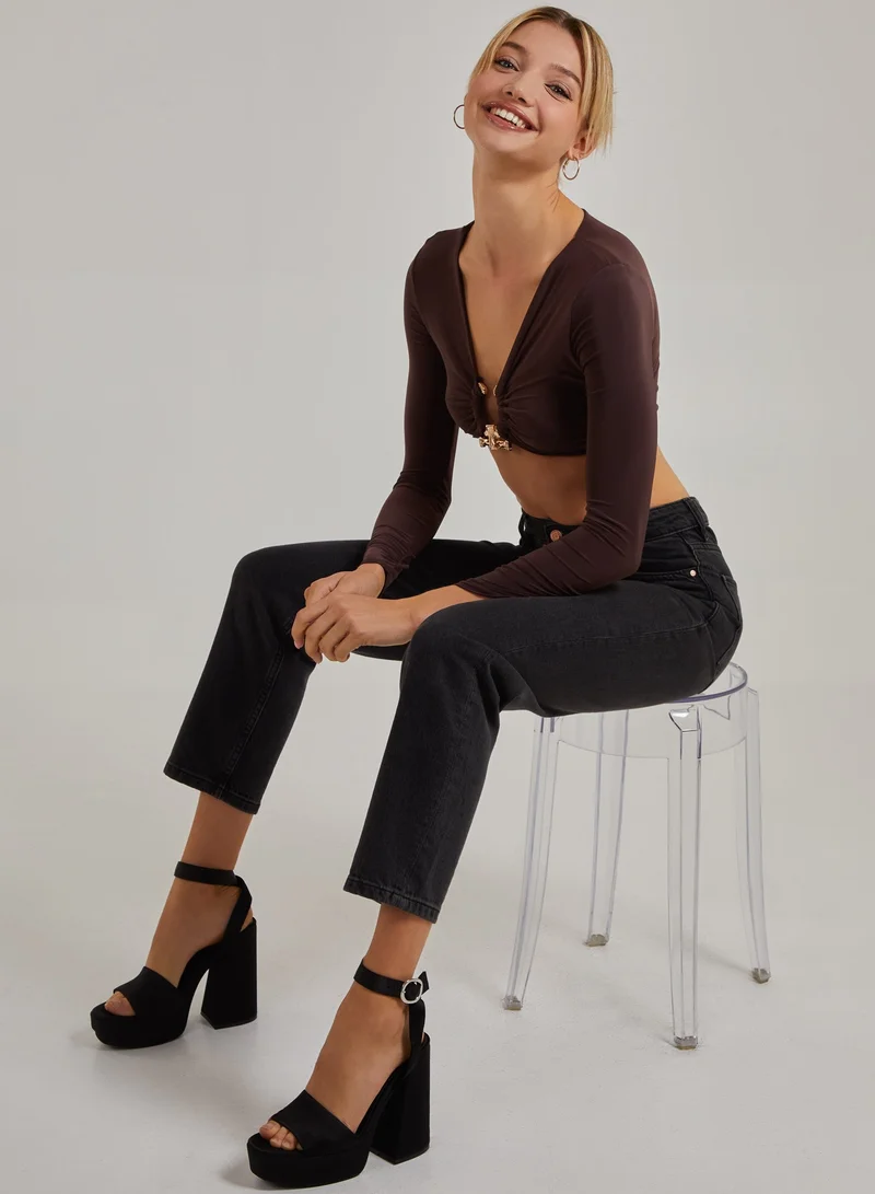 بينك فانيلا بلوزة طويلة بأكمام طويلة مزينة بالذهب