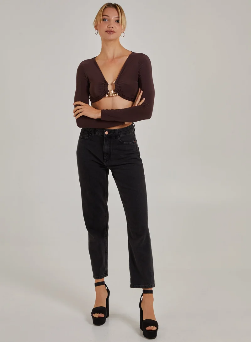 بينك فانيلا بلوزة طويلة بأكمام طويلة مزينة بالذهب