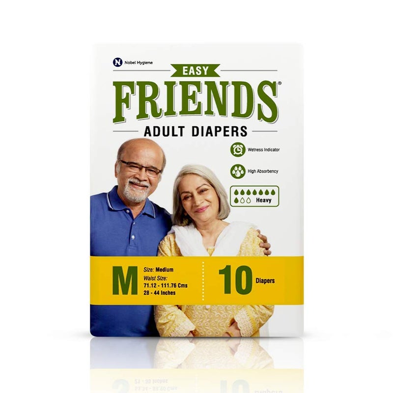 Friends حفاضات للكبار سهلة الاستخدام بنمط الشريط | 10 قطع (متوسط) | محيط 28.35-51.18 بوصة؛ 72-130 سم مع قفل للرائحة | للجنسين | مانعة للتسرب | مؤشر الرطوبة ونواة ماصة مضادة للبكتيريا - Image 1
