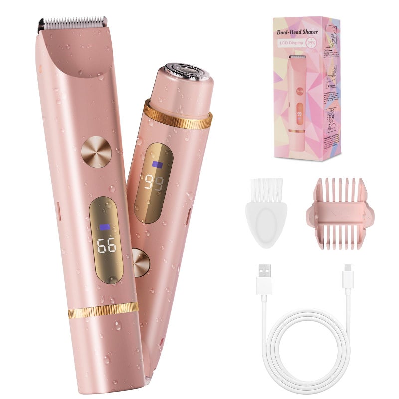 FIONOFY 2-in-1 Bikini Trimmer for Women, Bikini Shaver with Dual Heads, Body and Facial Hair Removal, Cordless Rechargeable Electric Razors for Face Chin Pubic Underarm Legs, IPX7 Waterproof, Pink - Image 1