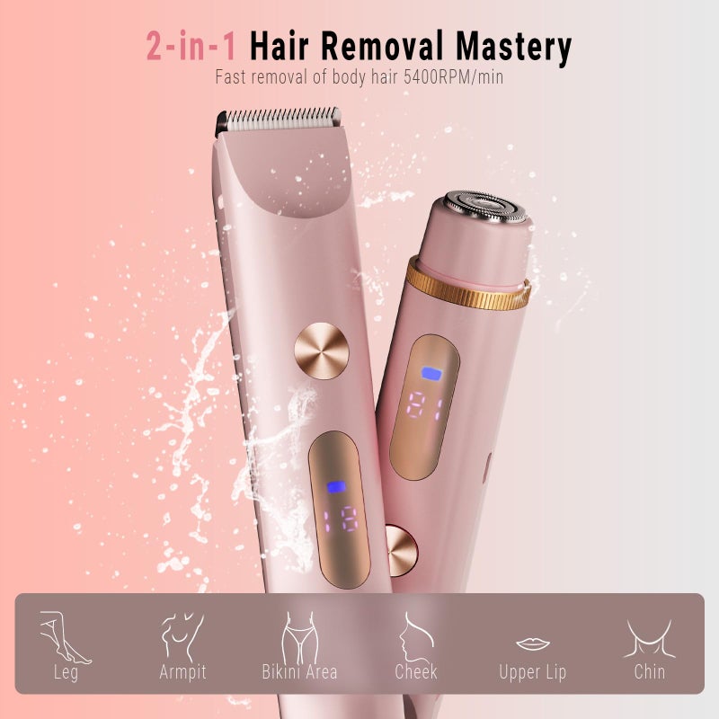 FIONOFY 2-in-1 Bikini Trimmer for Women, Bikini Shaver with Dual Heads, Body and Facial Hair Removal, Cordless Rechargeable Electric Razors for Face Chin Pubic Underarm Legs, IPX7 Waterproof, Pink - Image 2