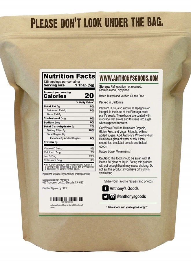 Anthony's Organic Whole Psyllium Husks, 1.5 lb, Dietary Fiber, Gluten Free, Non GMO, Keto Friendly - Image 2