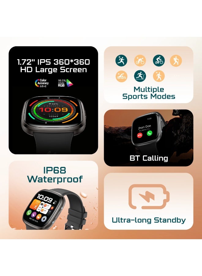 AcceOn Aether X ACC-SWM1 Smart Watch – 1.72" HD Display, Bluetooth Calling, IP68 Waterproof, Sports & Health Tracking, Long Standby – Includes Extra Metal Strap – Black - Image 2