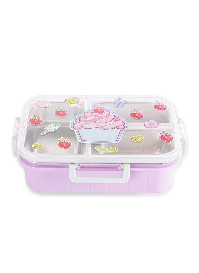 Eazy Kids Eazy Kids 3 Compartment Stainless Steel bento Lunch Box, 800ml - Cup Cake Purple  - Image 5