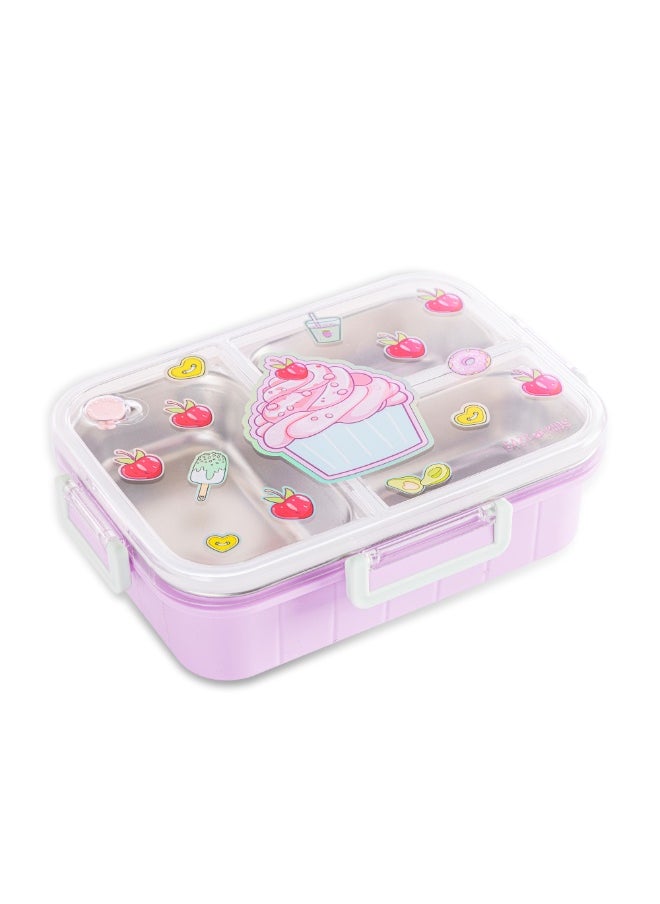 Eazy Kids Eazy Kids 3 Compartment Stainless Steel bento Lunch Box, 800ml - Cup Cake Purple  - Image 1