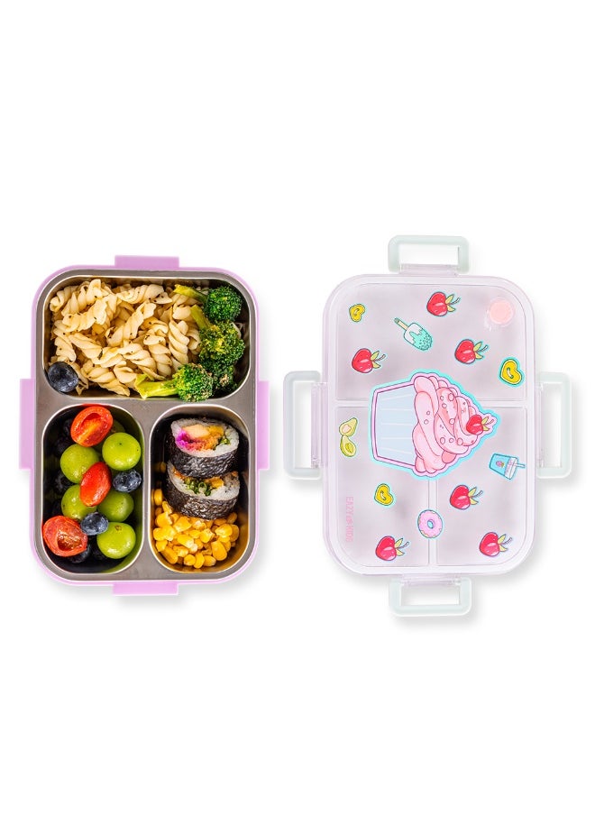 Eazy Kids Eazy Kids 3 Compartment Stainless Steel bento Lunch Box, 800ml - Cup Cake Purple  - Image 3