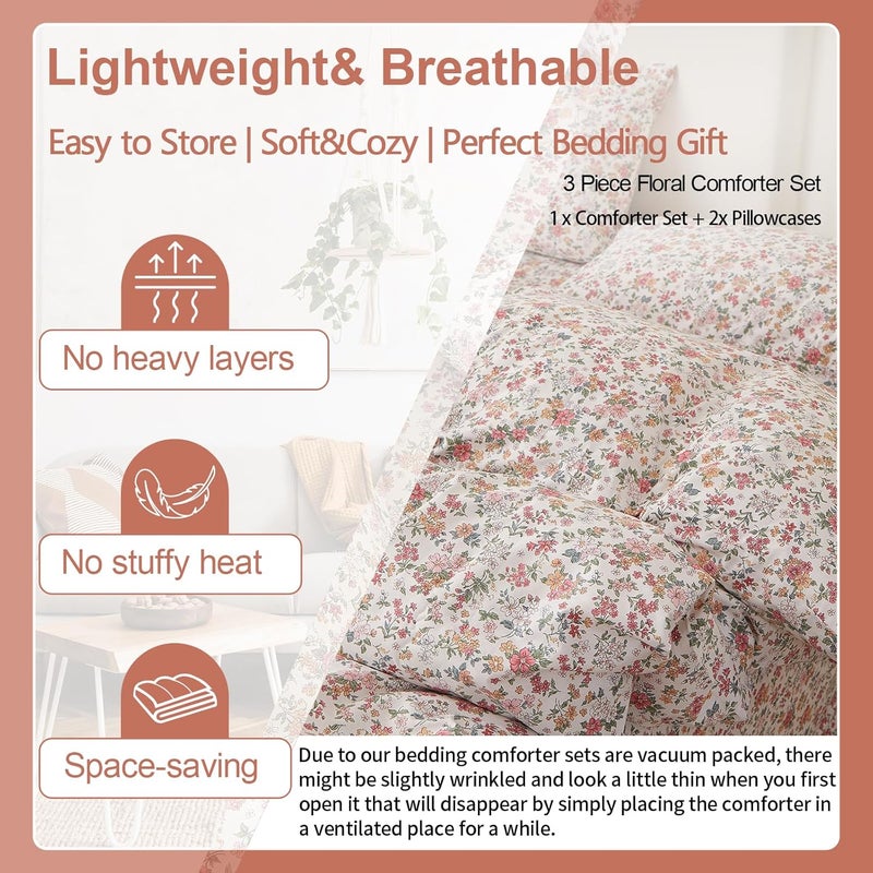 EAVD Boho Vibrant Floral Comforter Set Twin XL Soft 100% Cotton Garden Colorful Spring Floral Bedding Set with 2 Pillowcases Chic Shabby Cottagecore Botanical Comforter Set for All-Season - Image 4