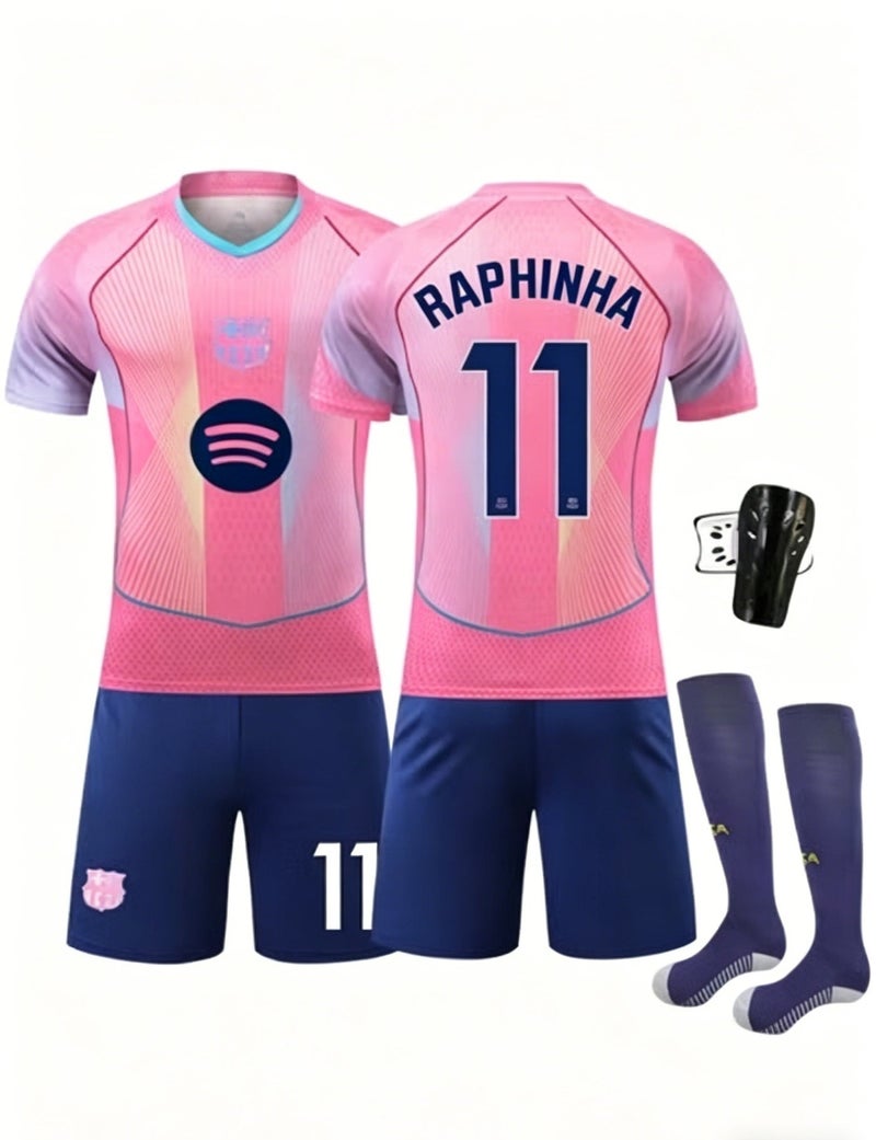 Barcelona Raphinha #11 Full Soccer Set - Breathable Pink Jersey, Shorts, Socks and Shin Guards for Fans