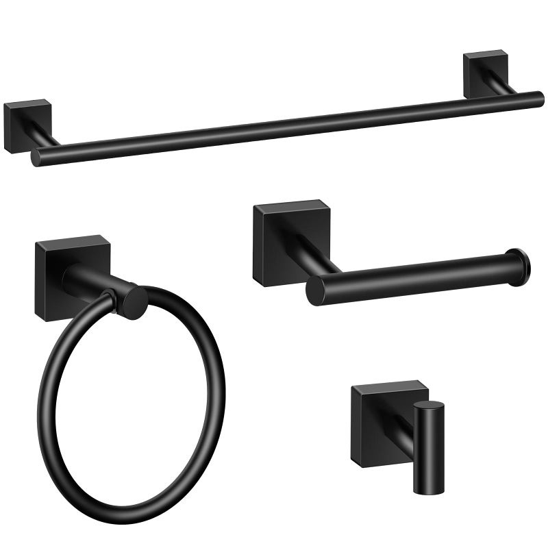 DEGULAS Bathroom Hardware Set 4 Pieces Matte Black Stainless Steel Towel Bar Set Includes 24In Towel Bar Towel Ring Robe Towel HooksToilet Paper Holder Wall Mounted Towel Rack Set