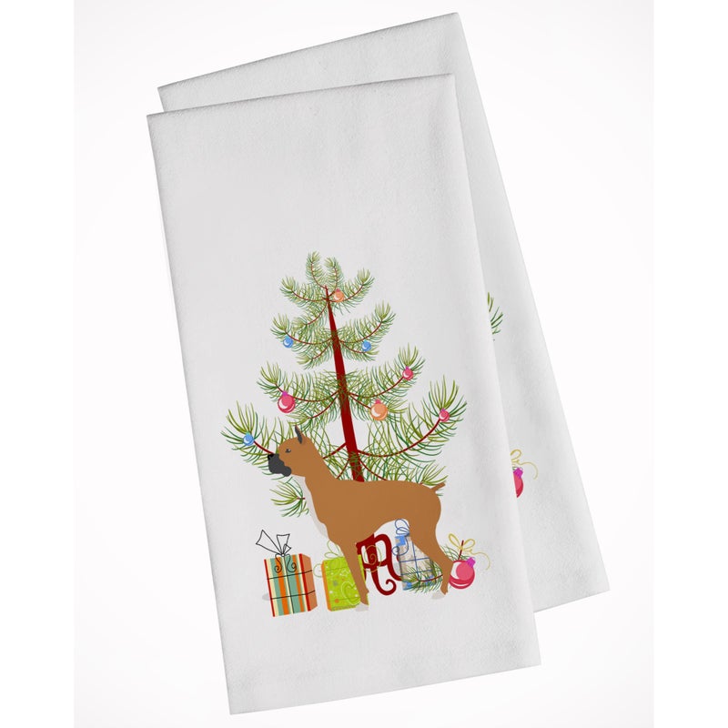 Caroline's Treasures Boxer Merry Christmas Tree White Kitchen Towel Set of 2
