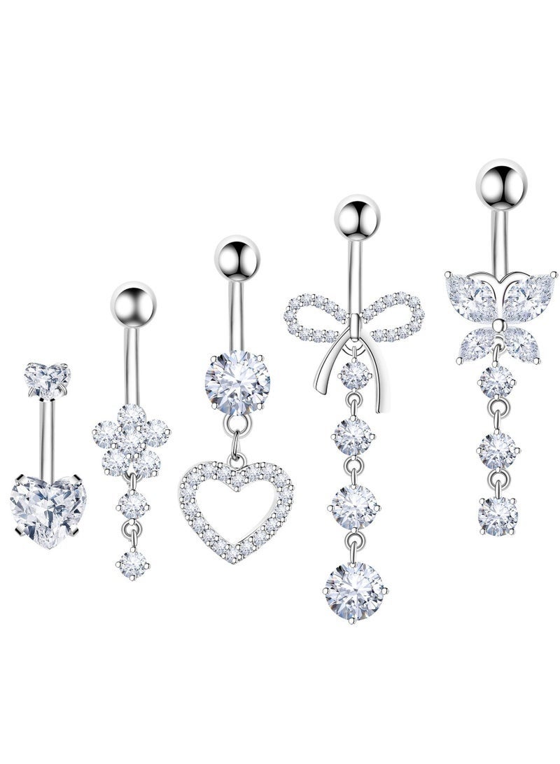 جيفت طقم خواتم بطن على شكل فراشة، مكون من 5 قطع، مصنوع من الفولاذ المقاوم للصدأ، وفضي اللون، ومناسب للعطلات والمواعدة والحفلات والأعراس. - Image 1