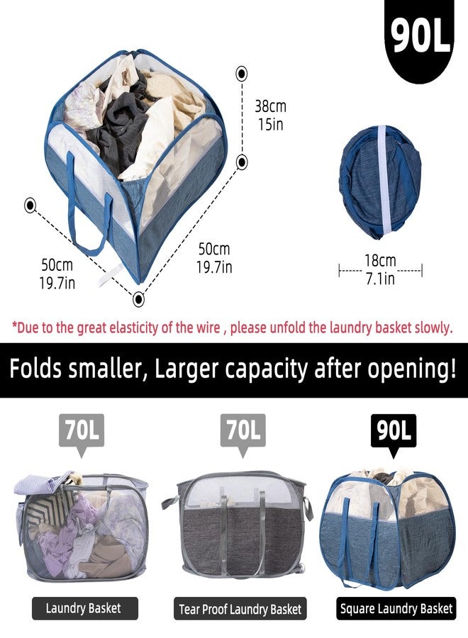 HEDONLEE Collapsible Laundry Basket, 90L Foldable Pop-up Laundry Hamper with Reinforced Handles, Tear Proof Mesh Dirty Clothes Hamper for Laundry (Blue) - Image 2