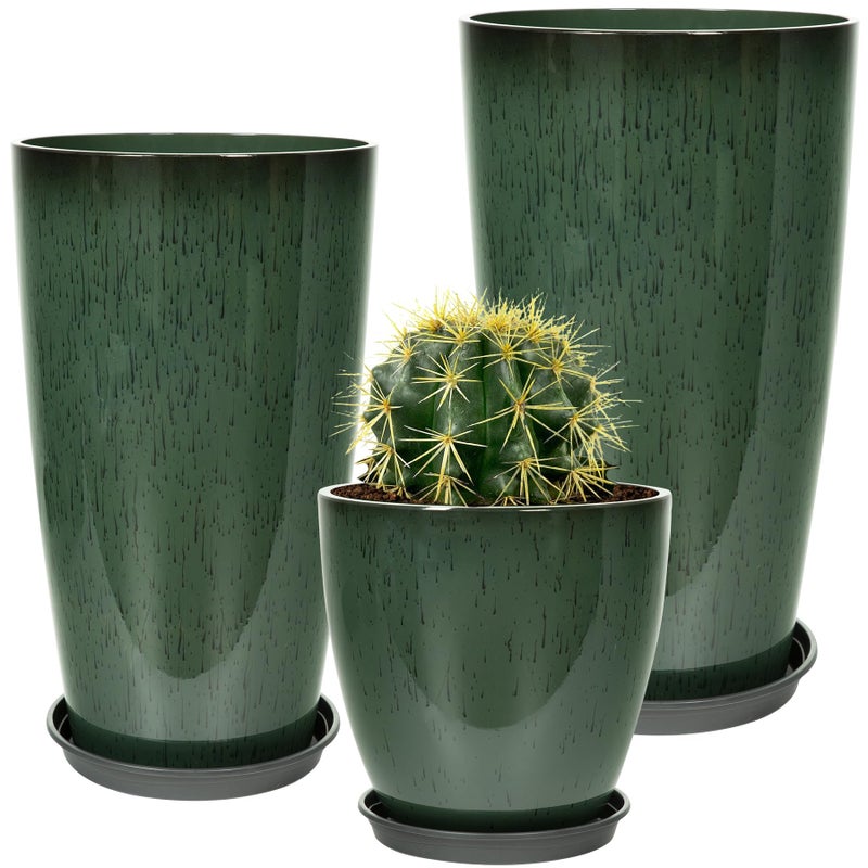 Neoaider 24/21/12 Inch Large Plastic Planter, Lightweight Ceramic-Look Tall Planters with Drain Hole & Saucers, Tall Plastic Planters for Porch, Garden, Patio, Balcony(Dark Green) - Image 1