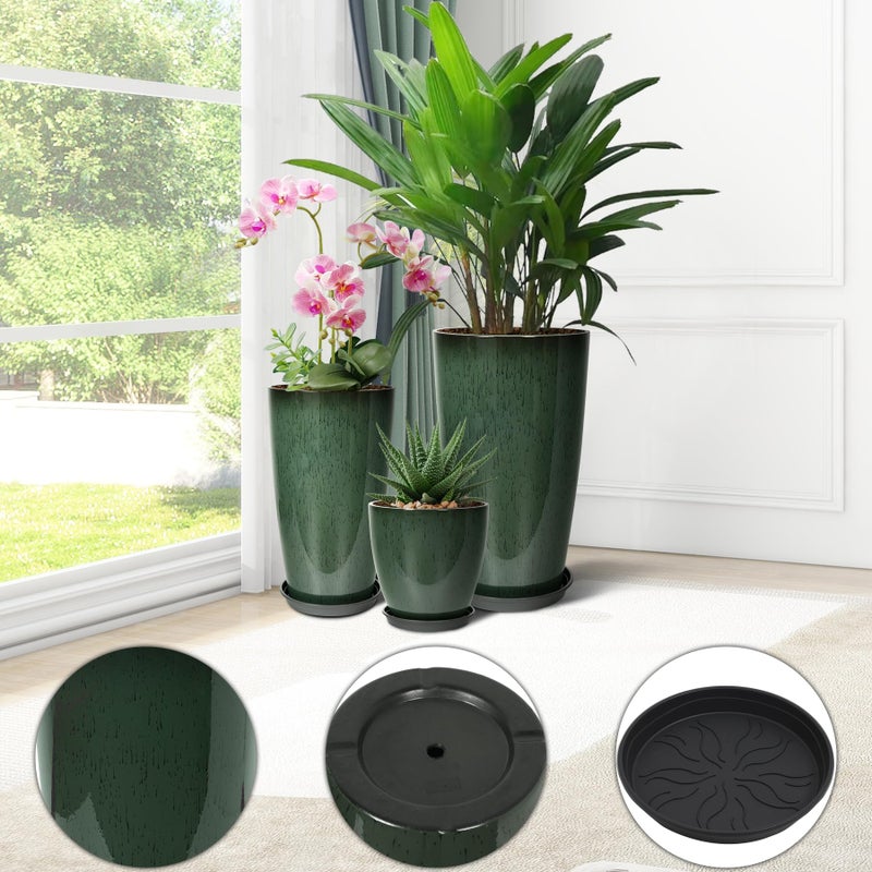 Neoaider 24/21/12 Inch Large Plastic Planter, Lightweight Ceramic-Look Tall Planters with Drain Hole & Saucers, Tall Plastic Planters for Porch, Garden, Patio, Balcony(Dark Green) - Image 5