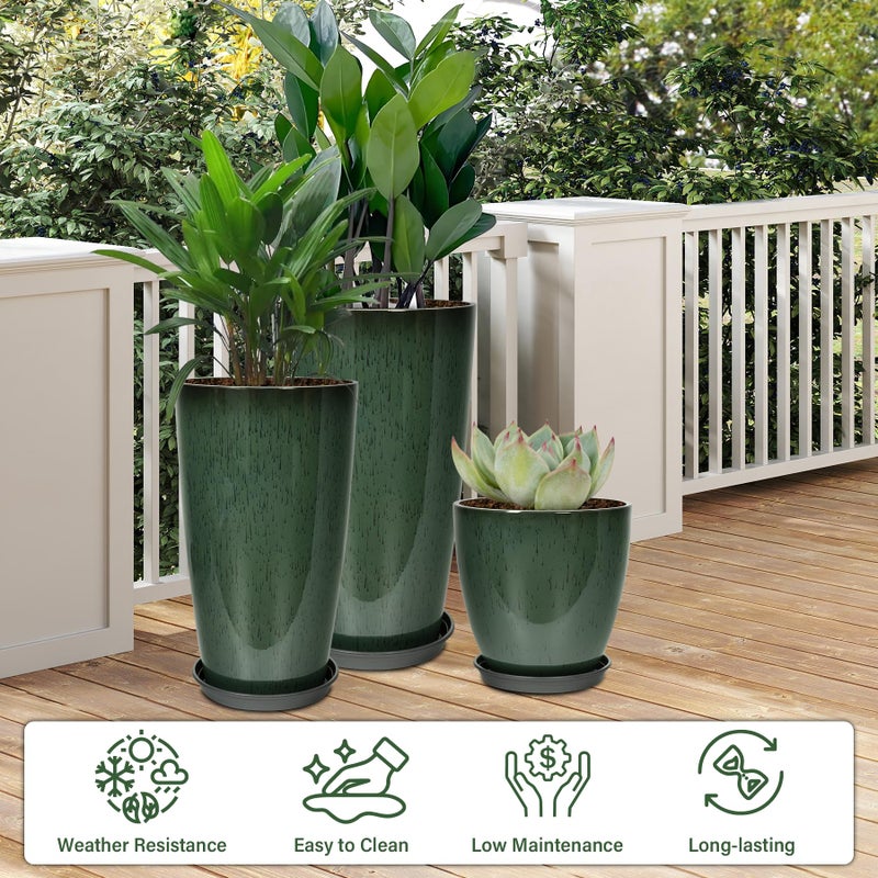 Neoaider 24/21/12 Inch Large Plastic Planter, Lightweight Ceramic-Look Tall Planters with Drain Hole & Saucers, Tall Plastic Planters for Porch, Garden, Patio, Balcony(Dark Green) - Image 4