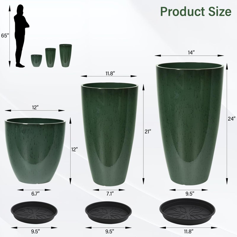 Neoaider 24/21/12 Inch Large Plastic Planter, Lightweight Ceramic-Look Tall Planters with Drain Hole & Saucers, Tall Plastic Planters for Porch, Garden, Patio, Balcony(Dark Green) - Image 3