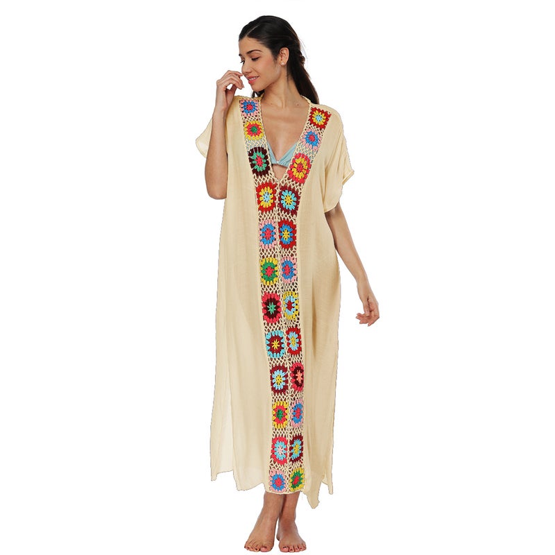 explosions cross-border hand hook stitching dress split sexy dress robe beach dress(Apricot, Free size) - Image 1