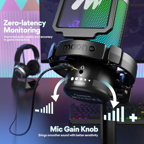 MAONO USB Gaming Microphone for PC, Noise Cancellation Condenser Mic with RGB Lights, Mute, Gain for Streaming, Recording, Podcast, Chat, Twitch, YouTube, Discord, Computer, PS5, PS4, GamerWave - Image 5