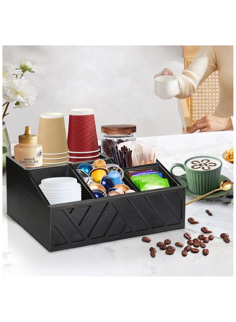 اكسيسن منظم محطة قهوة على المنضدة، سلة تخزين حاملة كبسولات قهوة خشبية، منظم تخزين توابل القهوة والشاي (أسود) - Image 1