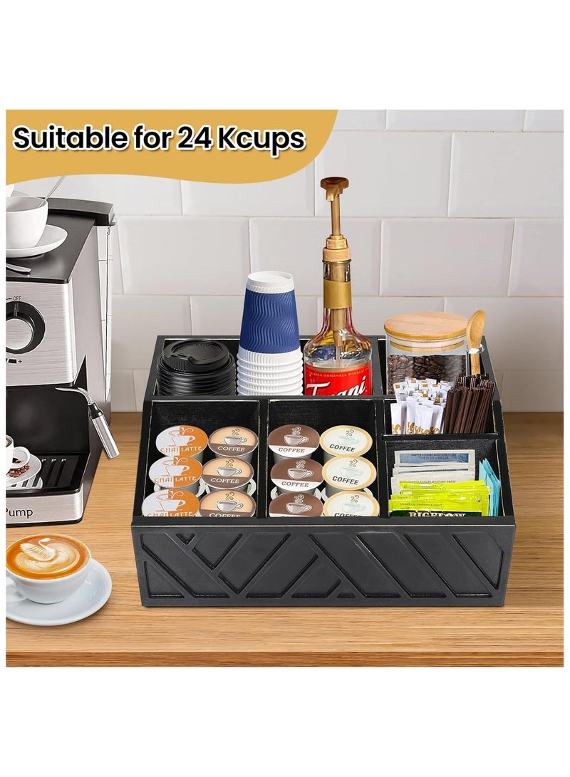 اكسيسن منظم محطة قهوة على المنضدة، سلة تخزين حاملة كبسولات قهوة خشبية، منظم تخزين توابل القهوة والشاي (أسود) - Image 3